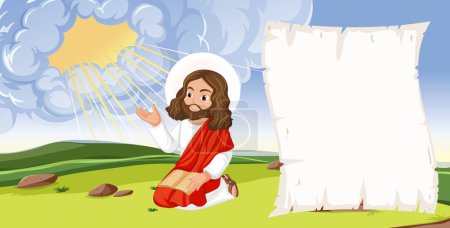 Illustration for Vector cartoon illustration of Jesus Christ with open sky - Royalty Free Image