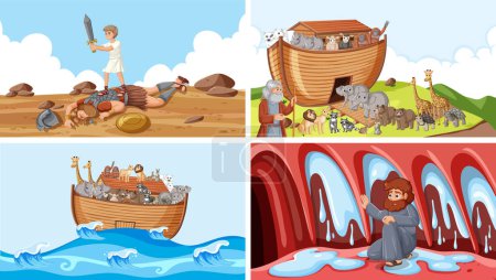 Téléchargez les illustrations : Scènes illustrées représentant des histoires bibliques de l'Arche de Noé et de David et Goliath - en licence libre de droit