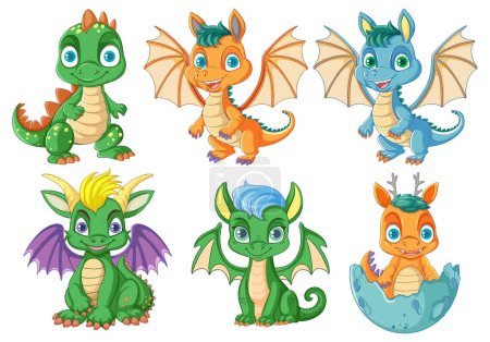 Ilustración de Personajes de dibujos animados vectoriales de adorables dragones bebé en varios tonos - Imagen libre de derechos