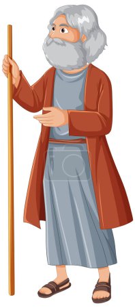 Illustration for Illustration of an ancient old man with a wooden staff - Royalty Free Image