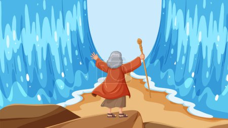 Ilustración de Una vibrante ilustración de dibujos animados vectoriales que representa la escena icónica de Moisés separando el Mar Rojo - Imagen libre de derechos