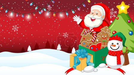 Illustration for Cheerful Santa Claus surrounded by snow and a snowman, holding a gift box full of gingerbread cookies in a cold outdoor winter scene - Royalty Free Image
