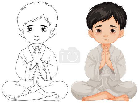 Ilustración de Una ilustración de dibujos animados de un niño sentado y rezando en meditación - Imagen libre de derechos