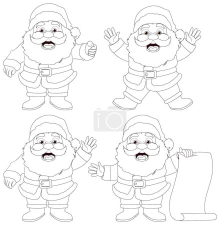Illustration for Vector cartoon illustrations of four Santa Claus characters in different poses - Royalty Free Image