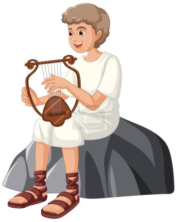 Ilustración de David, un personaje de dibujos animados de la historia religiosa de la Biblia de David y Goliat, sentado en una piedra y tocando una lira - Imagen libre de derechos