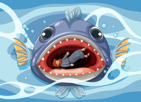 Illustration for Jonah's underwater encounter with a looming big fish - Royalty Free Image