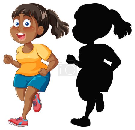 Illustration for Energetic cartoon character of a chubby black woman running and jogging - Royalty Free Image