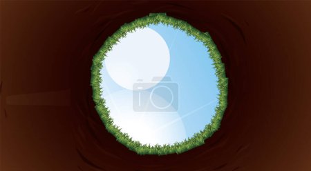 Illustration for A vector cartoon illustration of a golf ball looking up through a hole towards the sky - Royalty Free Image