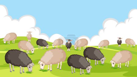 Téléchargez les illustrations : Une scène animée de nombreux moutons noirs et blancs pâturant dans un champ - en licence libre de droit