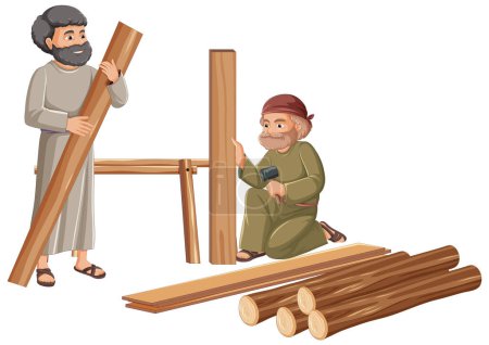 Ilustración de Ilustración de un anciano llevando un tronco de madera, preparándose para la construcción - Imagen libre de derechos