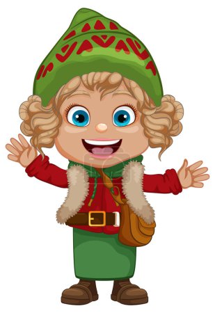 Téléchargez les illustrations : Une fille heureuse portant des vêtements d'hiver dans un style de dessin animé festif - en licence libre de droit