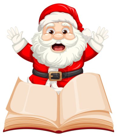 Téléchargez les illustrations : Un joyeux Père Noël debout à côté d'un livre ouvert - en licence libre de droit