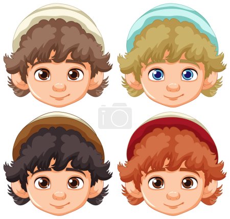 Téléchargez les illustrations : Illustrations vectorielles d'un garçon portant un bonnet avec différentes expressions faciales - en licence libre de droit