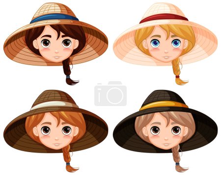 Ilustración de Un conjunto de chicas de dibujos animados con sombreros vietnamitas tradicionales. - Imagen libre de derechos