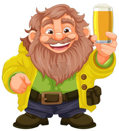Illustration for A lively cartoon character with a beard and mustache holding a pint of beer - Royalty Free Image