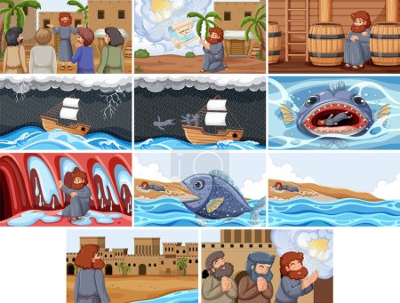 Illustration for Illustrations depicting key moments from the biblical tale of Jonah and the Big Fish - Royalty Free Image