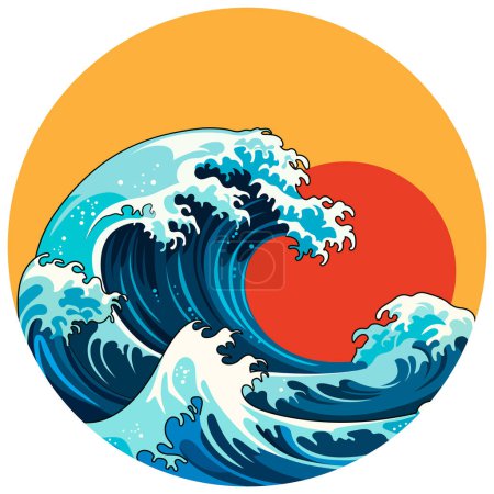 Téléchargez les illustrations : Illustration vectorielle de la vague emblématique du Japon sous un soleil rouge - en licence libre de droit