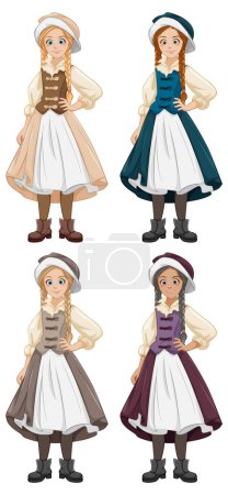 Téléchargez les illustrations : Quatre femmes avec des coiffures tressées portant des vêtements vintage en différentes couleurs - en licence libre de droit