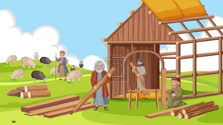 Illustration for Noah and Villagers Engaged in Religious Activities Outdoor - Royalty Free Image