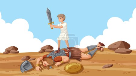 Ilustración de La heroica victoria de David sobre Goliat, el gigante bíblico - Imagen libre de derechos