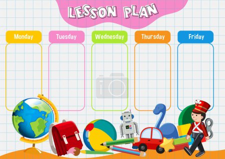 Illustration for A vector cartoon illustration of a weekly lesson plan template with children toys on a notebook lines background - Royalty Free Image