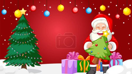 Illustration for A cheerful Santa delivering gifts and decorations on a festive red Christmas background border - Royalty Free Image