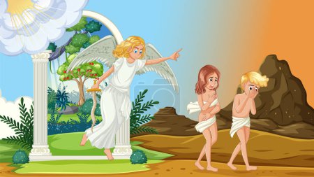 Téléchargez les illustrations : Adam et Eve étant expulsés du paradis dans un style de dessin animé vectoriel dynamique - en licence libre de droit