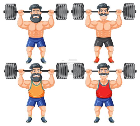 Ilustración de Un hombre hipster con estilo con barba y bigote levantando pesas en el gimnasio - Imagen libre de derechos