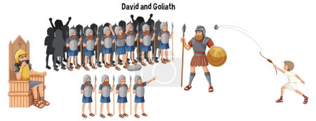 A whimsical cartoon depiction of the biblical story of David and Goliath