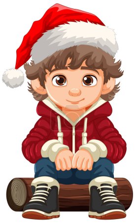 Illustration for A boy wearing a Christmas hat sits on a wooden log with a neutral facial expression - Royalty Free Image