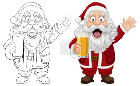 Illustration for Cartoon Santa Claus with a surprised look holding a beer - Royalty Free Image