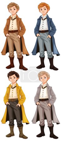 Ilustración de Cuatro hombres que usan trajes de estilo victoriano en diferentes colores se paran uno al lado del otro en una ilustración de dibujos animados vectoriales - Imagen libre de derechos