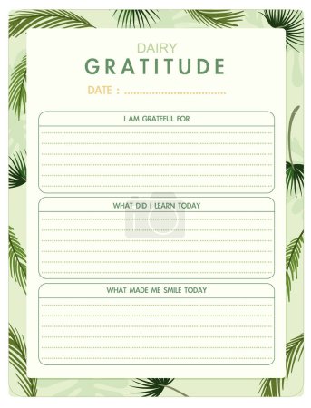 Illustration for A vector cartoon illustration style gratitude diary template with a green background and tropical palm leaves - Royalty Free Image