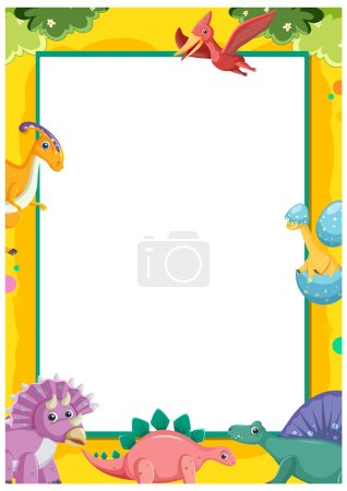 Illustration for A vector cartoon illustration featuring a border frame template with many prehistoric dinosaurs - Royalty Free Image