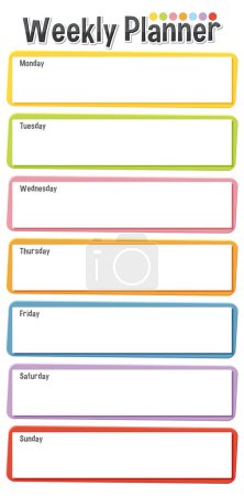 Illustration for A vibrant and fun weekly planner template with colorful cartoon illustrations - Royalty Free Image