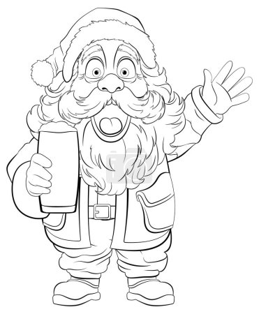 Téléchargez les illustrations : Dessin animé Père Noël avec une expression surprise tenant une bière - en licence libre de droit