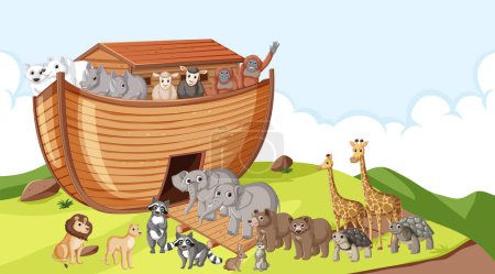 Téléchargez les illustrations : Illustration représentant l'histoire biblique de l'Arche de Noé avec de nombreux animaux sur un bateau en bois - en licence libre de droit