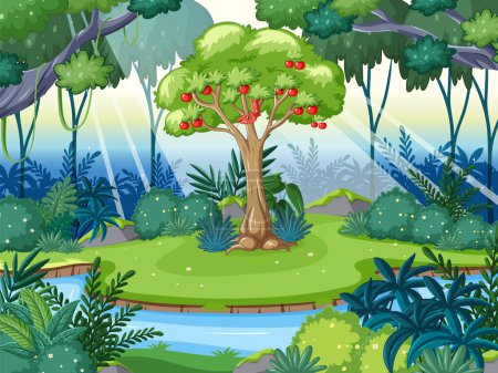 Téléchargez les illustrations : Une scène de jungle animée avec une rivière, des arbres luxuriants et un serpent sur un pommier - en licence libre de droit