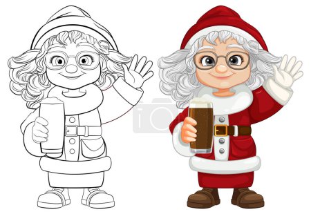 Téléchargez les illustrations : Une joyeuse Santa Claus avec des lunettes tenant un verre - en licence libre de droit