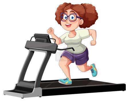 Illustration for An overweight woman in her middle-age running on a treadmill - Royalty Free Image