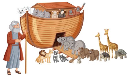 L'Arche de Noé : Illustration d'animaux embarquant sur le bateau avant le déluge