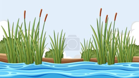 Illustration for Colorful cartoon illustration of cattail plants by the river - Royalty Free Image