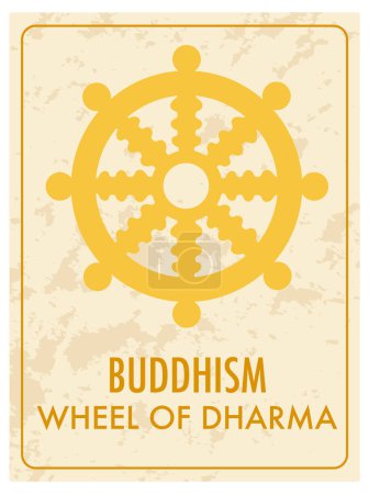 Illustration for A vibrant yellow card featuring the Wheel of Dharma, a significant Buddhist symbol - Royalty Free Image