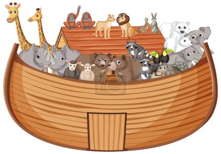 Téléchargez les illustrations : Illustration d'animaux à bord du bateau en bois de Noé - en licence libre de droit