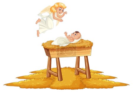 Ilustración de Ilustración del niño Jesús en un pesebre con un ángel de la guarda - Imagen libre de derechos