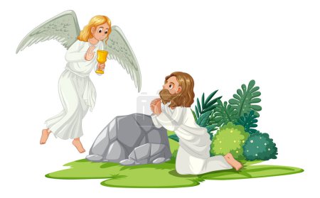 Téléchargez les illustrations : Illustration vectorielle de Jésus-Christ en prière avec un ange - en licence libre de droit