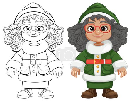 Ilustración de Una mujer alegre vestida como un personaje de dibujos animados de Santa con ropa verde - Imagen libre de derechos