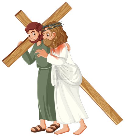 Téléchargez les illustrations : Illustration de Simon aidant Jésus à porter la croix - en licence libre de droit