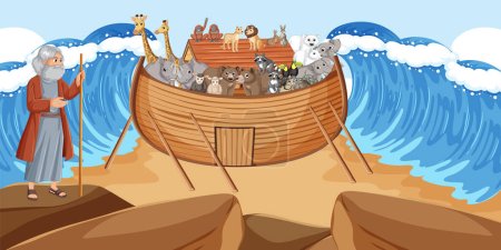 Illustration for Illustration of Moses parting the sea and Noah's Ark with animals - Royalty Free Image