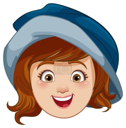 Téléchargez les illustrations : Une femme joyeuse avec un sourire sur le visage portant un chapeau dans un style d'illustration de dessin animé vectoriel - en licence libre de droit